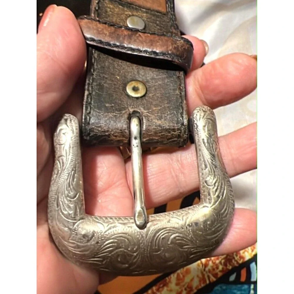 Tony Lama Western Leather Belt • Silver Engraved Buckle • Concho Accents